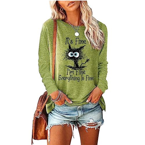 OUHZNUX It's Fine I'm Fine Everything is Fine Funny Cat Printed T-Shirt, Street Cute T-Shirt, Comfortable Casual Fashion Ladies Short Sleeve (S-3XL)-Green||S von OUHZNUX