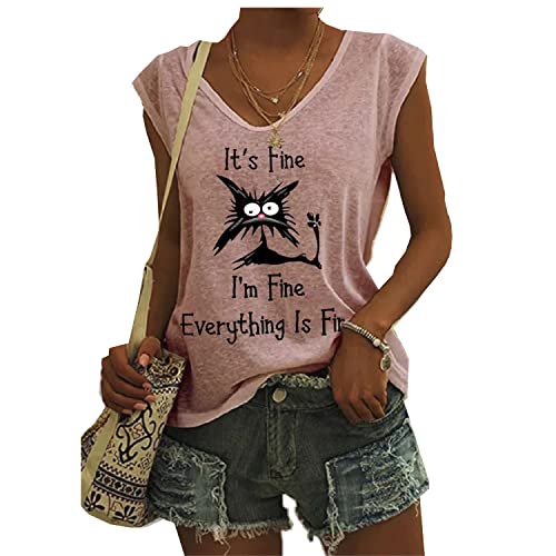 OUHZNUX Its Fine Im Fine Everything is Fine Lustiges Schwarzes Katzen-Print-T-Shirt, Street Cute Ärmelloses Tanktop-Sweatshirt, Damenmode, Lässig, Bequem, Kurzarm-Pullover(S-3XL) von OUHZNUX
