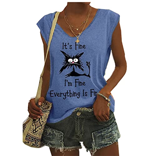 OUHZNUX Its Fine Im Fine Everything is Fine Lustiges Schwarzes Katzen-Print-T-Shirt, Street Cute Ärmelloses Tanktop-Sweatshirt, Damenmode, Lässig, Bequem, Kurzarm-Pullover(S-3XL) von OUHZNUX
