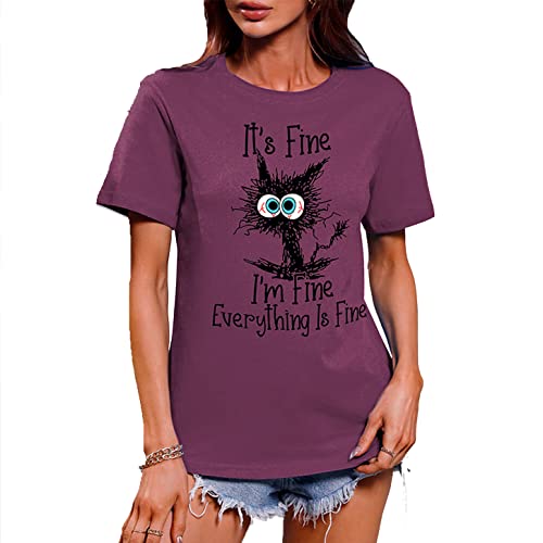 OUHZNUX Its Fine Im Fine Everything is Fine Lustiges Schwarzes Katzen-Print-T-Shirt, Süßes Rundhals-Tanktop-Sweatshirt, Modischer, Lässiger, Bequemer Kurzarm-Pullover Für Frauen (S-3XL) von OUHZNUX
