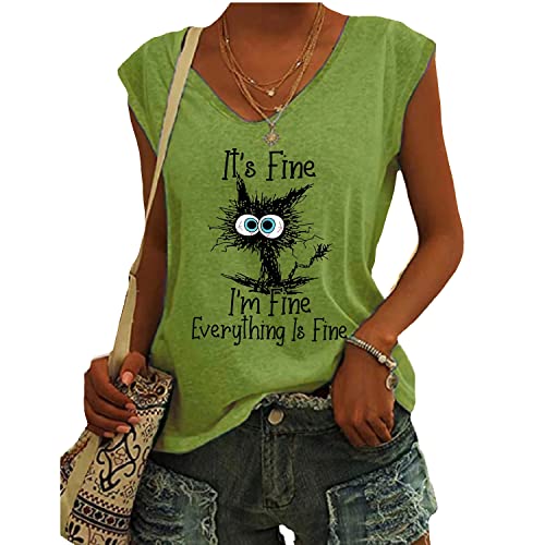 OUHZNUX Its Fine Im Fine Everything is Fine T-Shirt Mit Lustigem Katzendruck, Street Cute, Ärmelloses Tanktop-Sweatshirt, Damenmode, Lässig, Bequem, Kurzarm-Pullover (S-3XL) von OUHZNUX