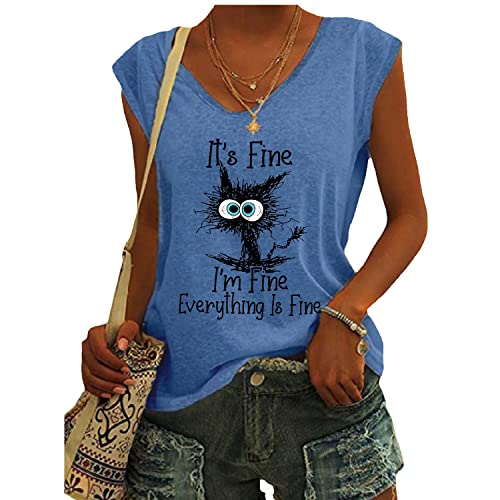 OUHZNUX Its Fine Im Fine Everything is Fine T-Shirt Mit Lustigem Katzendruck, Street Cute, Ärmelloses Tanktop-Sweatshirt, Damenmode, Lässig, Bequem, Kurzarm-Pullover (S-3XL) von OUHZNUX