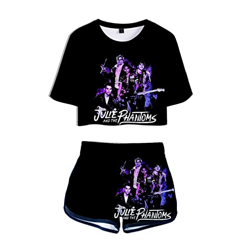 OUHZNUX Julie and The Phantoms Kurzarm-Shorts, 2-teiliges Set, 3D-Gedruckter Bauchnabel, Verkürztes T-Shirt, Strandshorts, lässiger Mode-Trainingsanzug für Damen (XS-2XL) von OUHZNUX