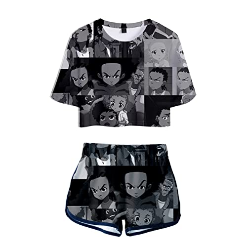 OUHZNUX The Boondocks 3D-Bedruckte T-Shirt-Shorts, 2-teiliges Set, Kurze, lässige, Bequeme Anime-Kurzarm-Pullover-Jogginghose, Street-Hip-Hop-Tanz-Trainingsanzug (2XS-4XL) von OUHZNUX