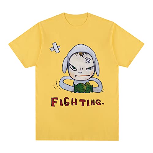 OUHZNUX Yoshitomo Nara Fighting Bedrucktes Baumwoll-T-Shirt, Mode-Cartoon, lockerer, lässiger, bequemer Kurzarm-Pullover, Straßen-Hip-Hop-Unisex-Sportoberteil (XS-3XL) von OUHZNUX