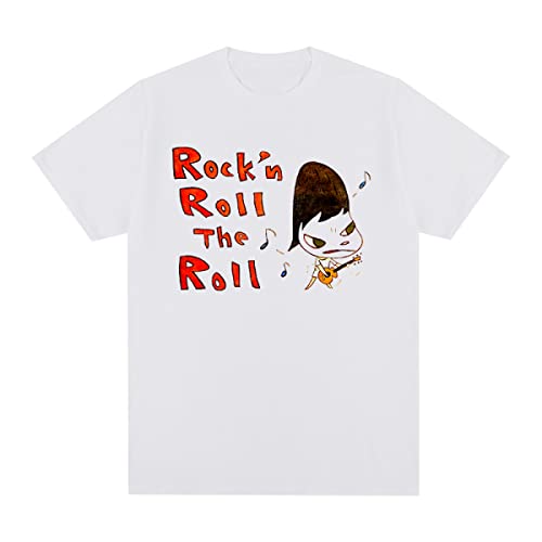 OUHZNUX Yoshitomo Nara Rockn Roll The Roll Bedrucktes Baumwoll-T-Shirt, Mode-Cartoon, lockerer, lässiger, bequemer Kurzarm-Pullover, Straßen-Hip-Hop-Unisex-Sportoberteil (XS-3XL) von OUHZNUX