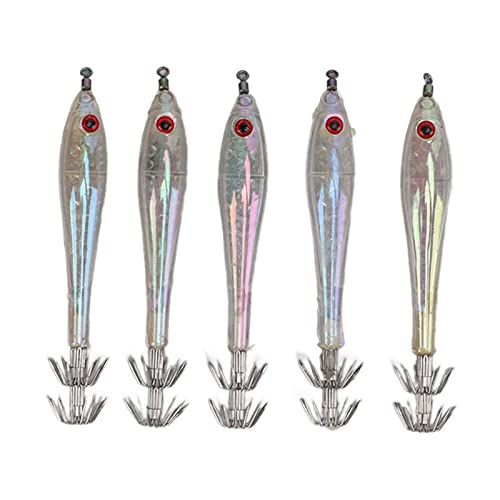 5PCS Tintenfisch-Jig-Köder, Harte Angelköder-Edelstahlhaken, Simulation Künstlicher Tintenfisch-Doppelhaken-Jig(Transparentes Weiß) von OUKENS
