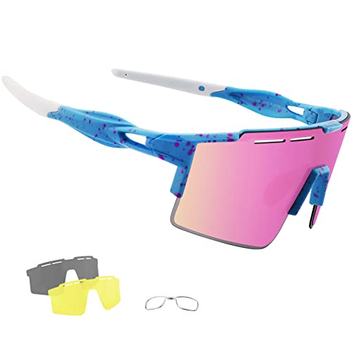 OULIQI Fahrradbrille Polarisierte Sonnenbrille, Sportbrillen Herren Damen TR90 Unbreakable mtb，UV400 Schutzbrille Sportbrille mit 3 Wechselgläser für Radfahren Laufen Golf Baseball (pink) von OULIQI