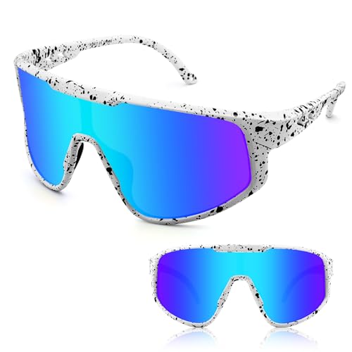 OULIQI TR90 Fahrradbrille Polarisierte Sonnenbrille,Sportbrillen Herren Damen UV400 Sportbrille Schnelle Brille mit Wechselgläser für OutdoorSportarten Fischen Radfahren Laufen (Blau) von OULIQI