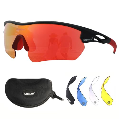 OUTDOORSPARTA Sport Sonnenbrille(1. Schwarzer Rahmen, Volle Linse Gespiegelt Rot) von OUTDOORSPARTA