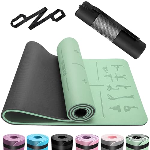 OUTDOUSE Yoga Matte, TPE 6mm Dicke Hautfreundliche Yogamatte Rutschfest Gymnastikmatte Pilates Gymnastik Meditation Stretching mit Trageriemen&Tasche Home Workout Sportmatte 183x61cm Grün&Schwarz von OUTDOUSE