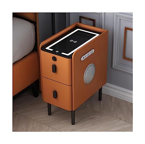 Einfacher Nachttisch, intelligenter Nachttisch, Leder-Beistelltisch, kabellose Ladestation, Nachttisch, Bluetooth-Schloss, USB, 2 Schubladen, LED (Orange, 25 x 40 x 50 cm) Vision von OUZBEM