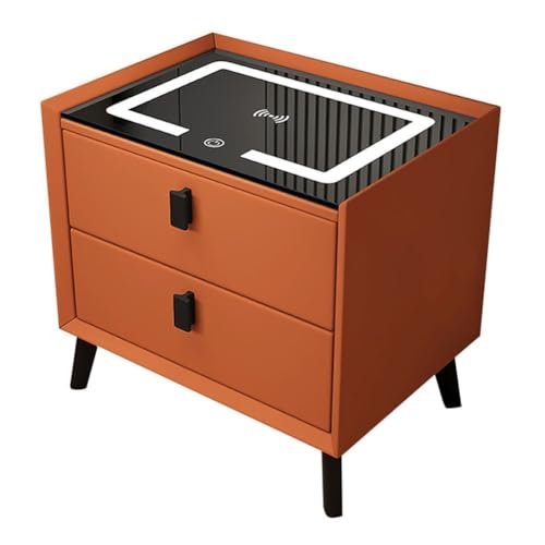 Moderner Kleiner Beistelltisch für Schlafzimmer, intelligenter 3-Farben-LED-Nachttisch mit 2 Schubladen, Nachttische mit Ladestation (Orange 40 x 40 x 46 cm) Vision von OUZBEM
