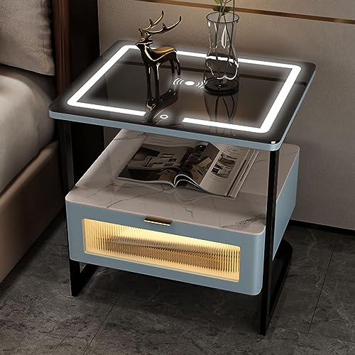 OUZBEM Intelligenter Nachttisch mit Ladestation, moderner Beistelltisch mit LED-Leuchten, minimalistischer Nachttisch für Schlafzimmer (blau 38 x 40 x 50 cm) Vision von OUZBEM