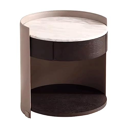 OUZBEM Nachttisch, luxuriöser runder Beistelltisch aus Holz, Marmorplatte, Nachttisch mit Schublade, Nachttisch, Leder, modern (Beige, 47 x 47 x 49 cm) Vision von OUZBEM