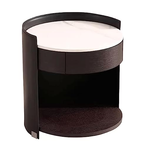 OUZBEM Nachttisch, luxuriöser runder Beistelltisch aus Holz, Marmorplatte, Nachttisch mit Schublade, Nachttisch, Leder, modern (schwarz, 47 x 47 x 49 cm) Vision von OUZBEM