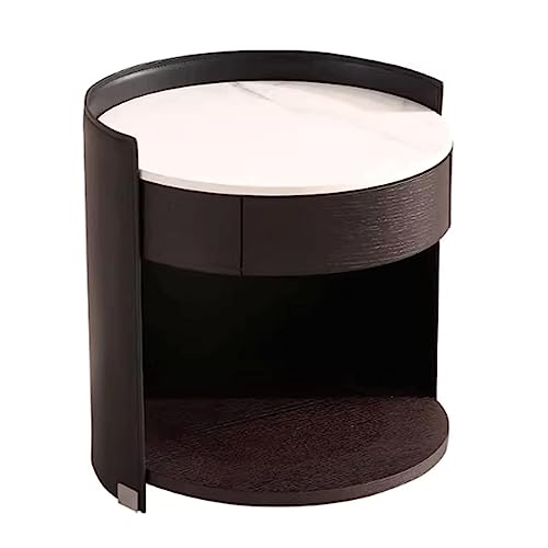 OUZBEM Nachttisch, runder Beistelltisch mit Marmorplatte und offenem Regal, Nachttisch, kleine Holzschublade, Nachttisch, Leder-Nachttisch, Beistelltisch (schwarz, 47 x 47 x 49 cm) Vision von OUZBEM