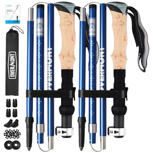 Overmont Wanderstöcke Faltbar Aluminium Ultraleicht - Verstellbar 105-125 cm Trekkingstöcke - Nordic Walking Stöcke 1 Paar mit All-Terrain Zubehör Blau von OVERMONT
