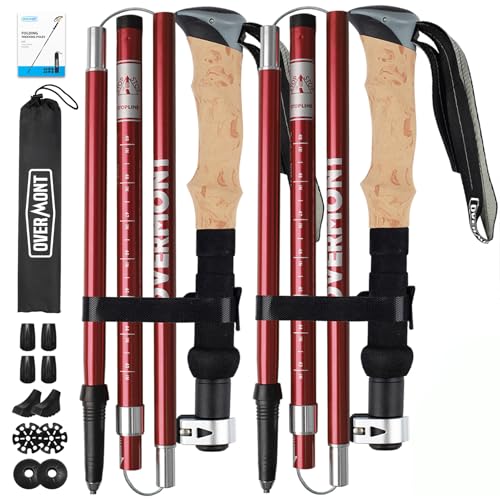 Overmont Wanderstöcke Faltbar Aluminium Ultraleicht - Verstellbar 105-125 cm Trekkingstöcke - Nordic Walking Stöcke 1 Paar mit All-Terrain Zubehör Rot von OVERMONT