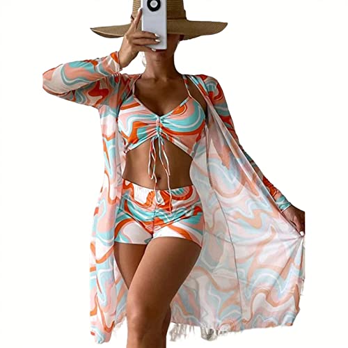 OVLAJ Bikini Damen Allover Print Bikini 3Pack Drawess Ruched Cover Up Women Badeanzug Langarm Bademode Beach Kleidung Badeanzug-3,L von OVLAJ