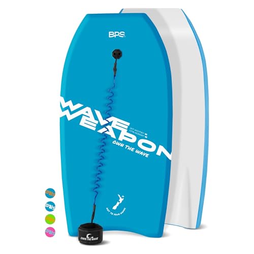 OWN THE WAVE 37 Inch Body Board for Adults and Kids - HDPE Slick Bottom & EPS Core - Light Weight Bodyboard Perfect for Surfing - Comes with Coiled Leash and Swim Fin Tethers (Blue & White) von OWN THE WAVE