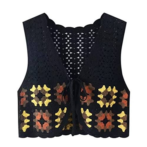 OZEO Ärmellos Strick Weste,Häkelweste Boho Kariertes Blumennetz Gestrickte Tanktops Strickjacke Vorne Zum Binden Ärmellose Strickweste Pullover Hippie Weste Crop Gilet Für Damen Mädchen Y2K Streetwe von OZEO