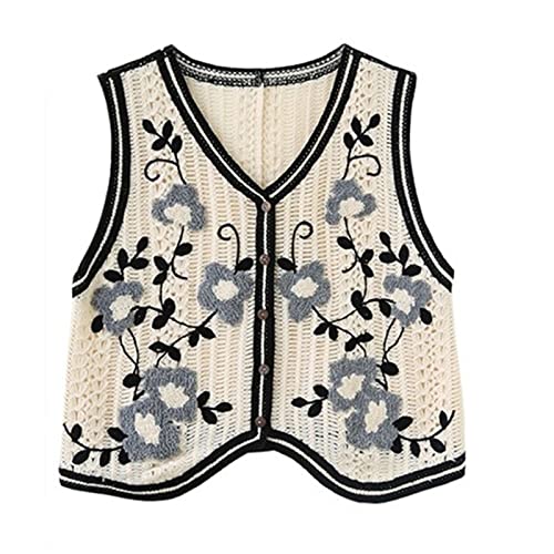 OZEO Ärmellose Weste Damen,Häkelstrickweste Pullover Knopf Boho Mesh Handgefertigt Getuftet Stickerei Blumen Strickjacke Weste Hippie Ärmellose Weste Crop Top Für Damen Mädchen Streetwear,Schwarz,M von OZEO