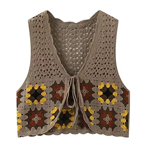 OZEO Strick Pullunder,Häkelweste Boho Plaid Blumen Mesh Gestrickte Tanktops Strickjacke Vorne Krawatte Ärmellose Strickweste Pullover Hippie Weste Crop Gilet Für Damen Mädchen Y2K Streetwear,Braun,L von OZEO