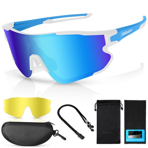 Odoland Polarisiert Fahrradbrille mit wechselgläser für Herren Damen, Fahrrad Sportbrille Sportsonnenbrille UV 400 Schnelle Brille Wandern Laufen Angeln Fahren Blau von Odoland