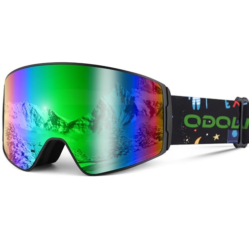 Odoland Skibrille Kinder Unisex Snowboardbrille Helmkompatible mit UV-Schutz und Anti-Beschlage für Jungen und Mädchen zum Skifahren Grün von Odoland