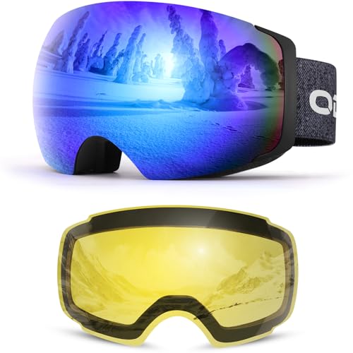 Odoland Skibrille Unisex für Damen und Herren Jungen Rahmenlose Snowboardbrille mit Magnetische Wechselglas UV-Schutz Anti-Nebel Schneebrille Helmkompatible Ski Goggles zum Skifahren Schwarz Blau von Odoland
