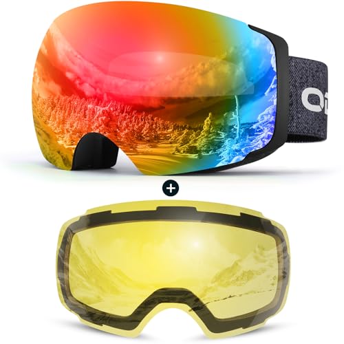 Odoland Skibrille Unisex für Damen und Herren Jungen Rahmenlose Snowboardbrille mit Magnetische Wechselglas UV-Schutz Anti-Nebel Schneebrille Helmkompatible Ski Goggles zum Skifahren Schwarz Rot von Odoland