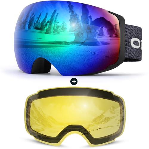 Odoland Skibrille Unisex für Damen und Herren Jungen Rahmenlose Snowboardbrille mit Magnetische Wechselglas UV-Schutz Anti-Nebel Schneebrille Helmkompatible Ski Goggles zum Skifahren Schwarz Grün von Odoland