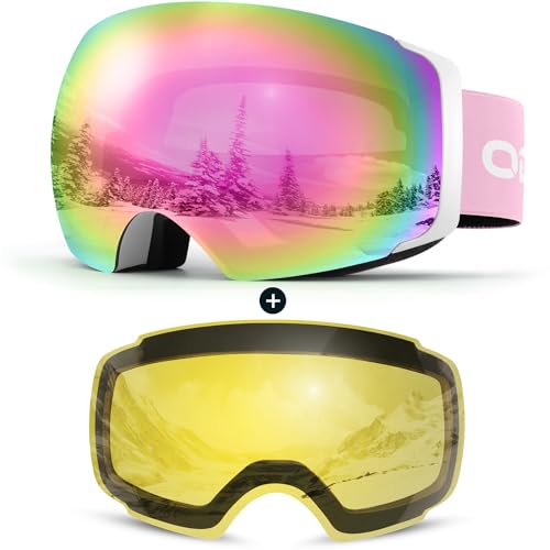 Odoland Skibrille Unisex für Damen und Herren Jungen Rahmenlose Snowboardbrille mit Magnetische Wechselglas UV-Schutz Anti-Nebel Schneebrille Helmkompatible Ski Goggles zum Skifahren Weiß Rosa-Violett von Odoland