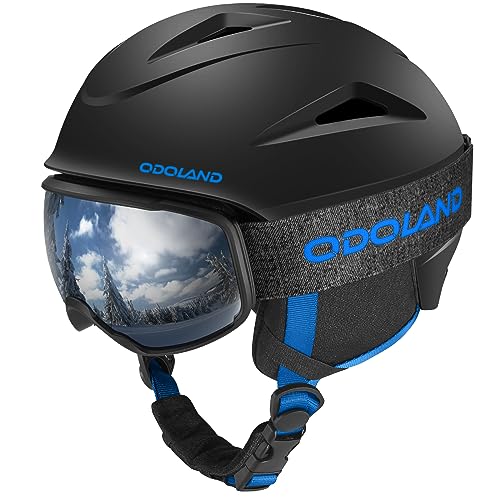 Odoland Skihelm mit Skibrille für Skifahren und Snowboard, Einstellbare Größenverstellbar, mit Ohrenschützern für Männer Frauen und Jugendliche Schwarz+Blau S von Odoland
