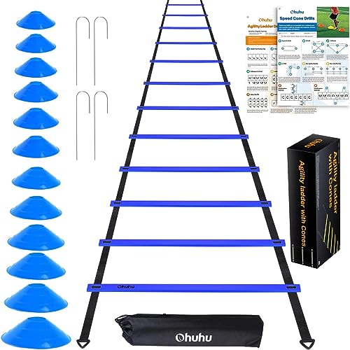 Ohuhu Agility Ladder Training Set - 12 Rung Quick Ladder with 12 Field Cones and 4 Stakes, Football Equipment for Football and Football Practice Drills (Blue Ladder) von Ohuhu