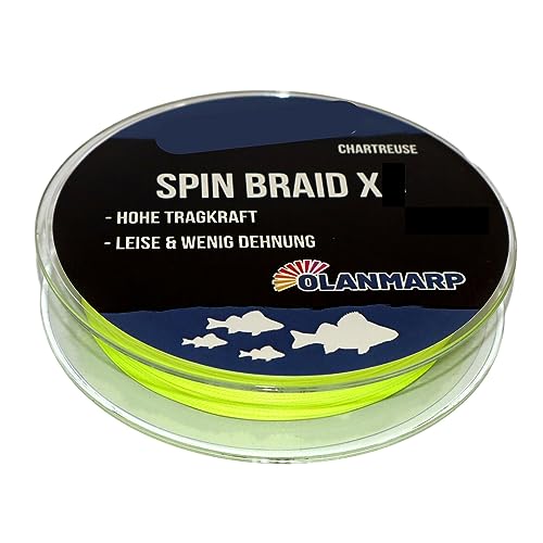 Olanmarp Spin Braid X Farbe Chartreuse 250 m - Geflochtene Angelschnur, dünn und geschmeidig für alle Angelarten (8 Fach geflochten, 0,20 mm - 17 kg) von Olanmarp