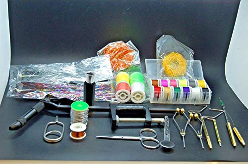 Olax Fliegenbinden Werkzeug Kit mit Schraubstock, Faden, Whip Finisher, Draht, Spulen, Hechelklemme von Olax