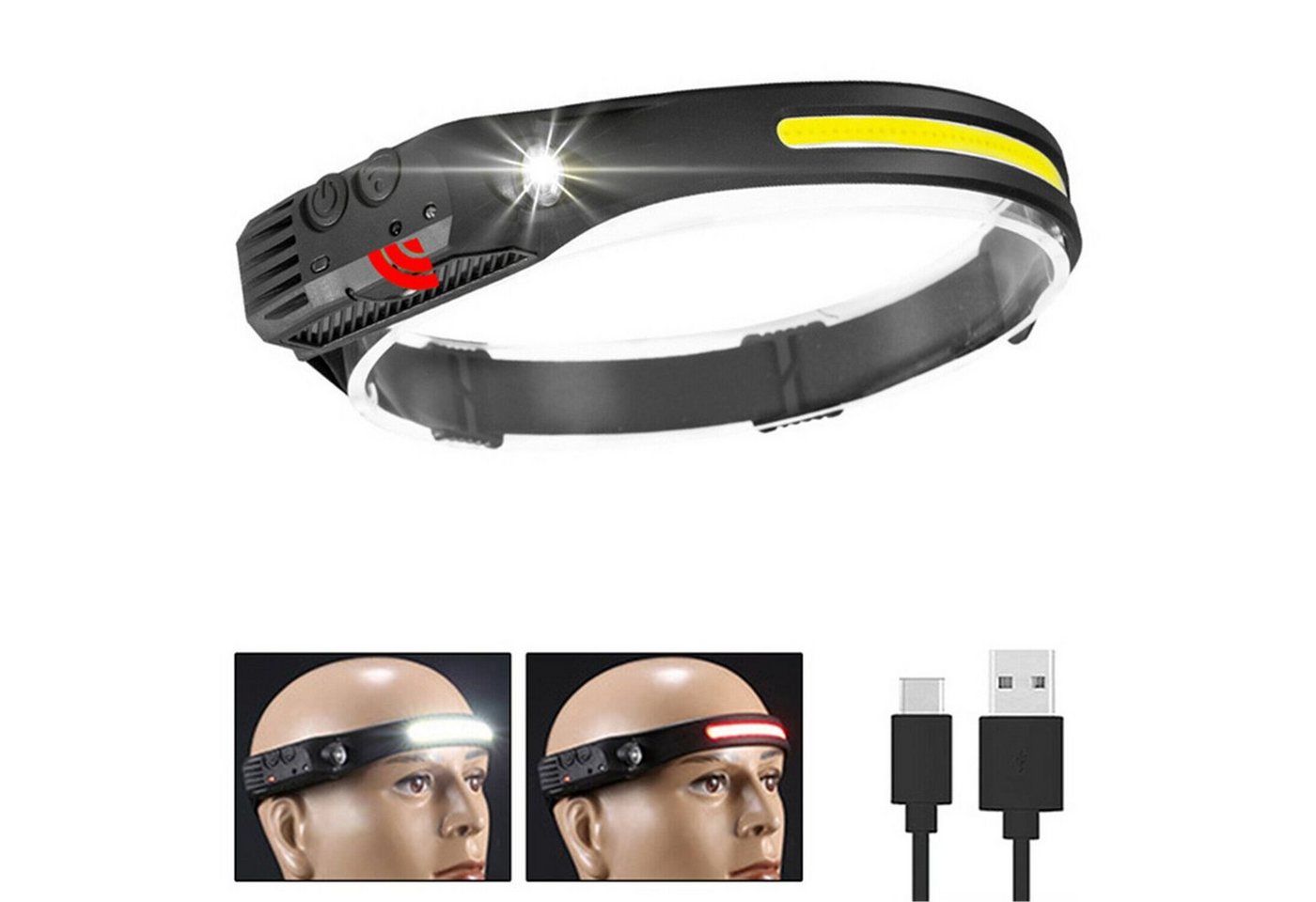 Olotos Stirnlampe LED COB XPE Kopflampe Scheinwerfer USB Wiederaufladbar mit Sensor, 1-3 COB 5 Modi 230°Ultra Weitwinkel Rot Gelb Licht IPX4 Wasserdicht von Olotos