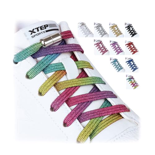 Olukssck 2 Paar 6mm Breite Schnürsenkel Ohne Binden, Elastische Schnürsenkel mit Metallkapseln, Schnürsenkel Schnellverschluss für Sneaker, Laufschuhe, Sporschuhe, 110cm, Regenboge von Olukssck