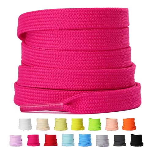 Olukssck 2 Paar 8mm Breite Flache Schnürsenkel, Reißfest Schuhbänder für Sneakers, Turnschuhe, Sportschuhe, Laufschuhe, Hot Pink, 140cm von Olukssck