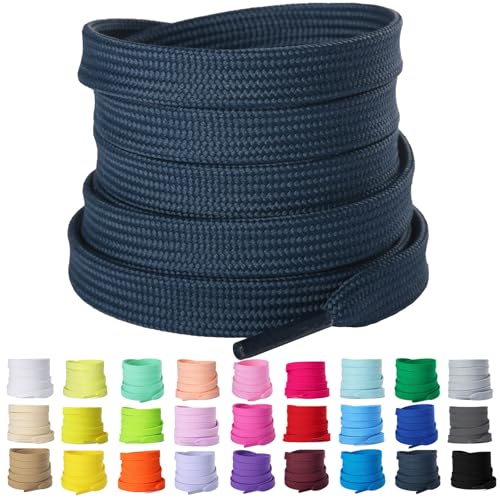 Olukssck 2 Paar 8mm Breite Flache Schnürsenkel, Reißfest Schuhbänder für Sneakers, Turnschuhe, Sportschuhe, Laufschuhe, Marineblau, 140cm von Olukssck