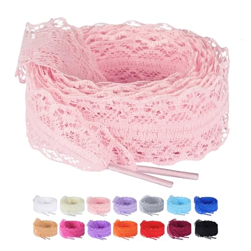 Olukssck 2 Paar Damen Flache Schnürsenkel mit Blumen Spitze und Hohle Design, 3cm Breit Ersatz Schuhbänder für Sneakers, Sportschuhe und Laufschuhe, Rosa, 160cm von Olukssck