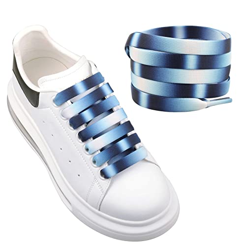 Olukssck 2 Paar Farbverlauf Regenbogen Flache Schnürsenkel[12 mm breit], Premium Bunte Bedruckte Muster Schuhbänder für Turnschuhe, Sportschuhe, Sneakers, Freizeitschuhe, Farbverlauf Blau (140cm) von Olukssck