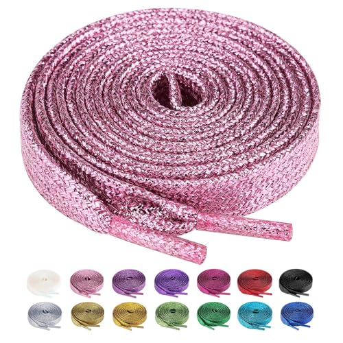 Olukssck 2 Paar Glitzer Schnürsenkel für Sportschuhe und Sneaker, Farbige Flache Schuhbänder 10mm breit, Rosa, 100cm von Olukssck