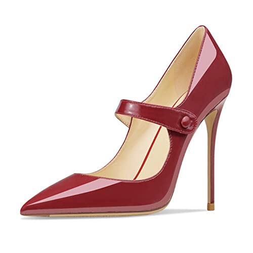 Omeslike Damen Vintage rote Spitze Zehen Pumps Stiletto Sandaletten Slip On Büro Kleid Lackleder Frühling Sommer Schuhe,Rot,41 von Omeslike