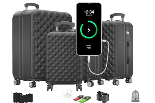 Onbest Premium Kofferset 4-TLG. – Hartschalenkoffer mit TSA-Lock, USB-Anschluss – 1x Kofferwaage, 2X Koffergurt, 4X Adresshänger, 1x Getränkehalter, 1x Schuhbeutel, 4X Staubschutzhüllen von Onbest