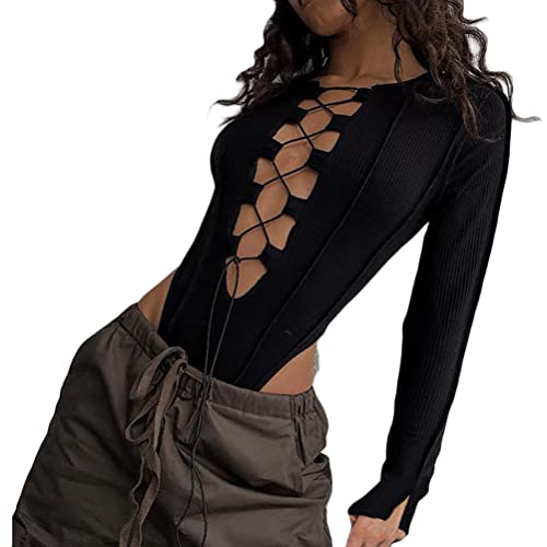 Onsoyours Bodys Damen Rippen Gestrickte Lange Hülse Krawatte Up Sexy Body Bandage Patchwork Bodycon Club Party Körper Frauen Outfit Hohe Taille top A Schwarz XS von Onsoyours