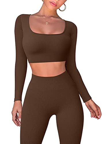 Onsoyours Damen Crop Tops Hoher Taille Leggings Yoga Outfits Zweiteilige Trainingsanzug Sets A Braun L von Onsoyours