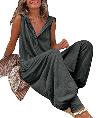 Onsoyours Damen Jumpsuits mit Kapuze Baggy Latzhose Overalls mit Tasche Ärmellos Dungaree Lang Playsuits Baggy Hosen Einfarbig Frühling Sommer Strandbekleidung Knopfleiste A Dunkelgrau 3XL von Onsoyours